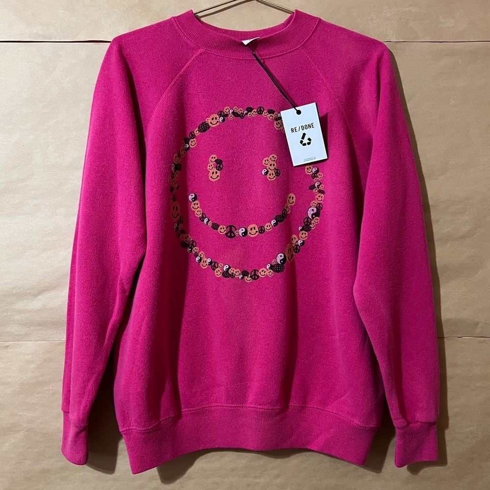 Re/Done NWT Upcycled Sweatshirt Smile Graphic Pink Crewneck Pullover Size XS/S
